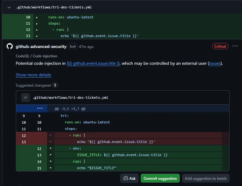 Annotation CodeQL sur la pull request du workflow : la règle « Code injection », de gravité Critical, signale que le titre du ticket peut être contrôlé par un utilisateur externe via le déclencheur issues. Sous l'alerte, Copilot Autofix propose de passer par une variable d'environnement ISSUE_TITLE lue avec la syntaxe du shell.