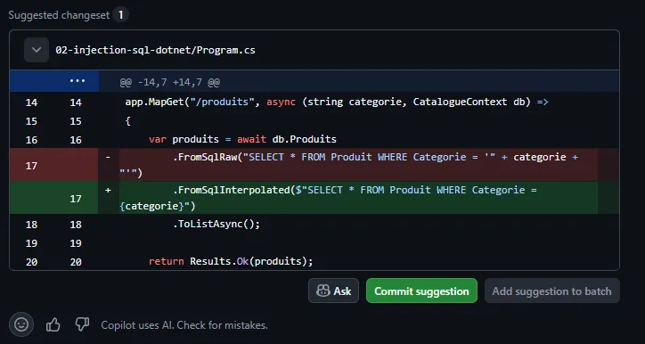 Bloc « Suggested changeset » sur la pull request .NET : Copilot Autofix propose de remplacer l'appel FromSqlRaw construit par concaténation par un appel FromSqlInterpolated avec une chaîne interpolée. Sous la suggestion, la mention « Copilot uses AI. Check for mistakes. »
