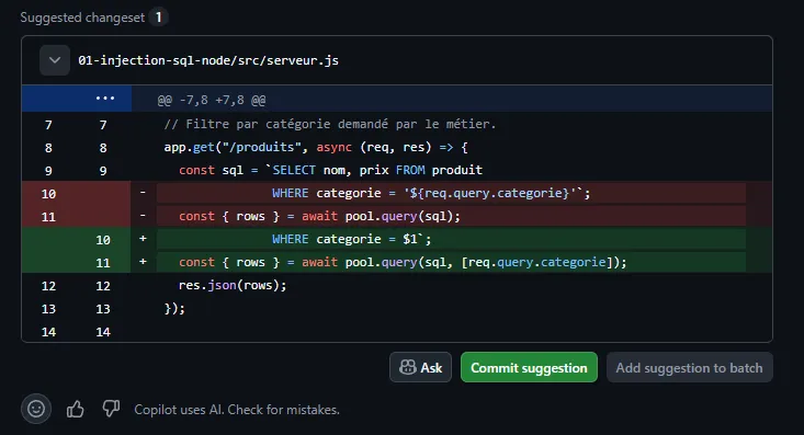 Bloc « Suggested changeset » affiché sous l'alerte CodeQL : Copilot Autofix propose de retirer l'interpolation de req.query.categorie de la requête, de la remplacer par un paramètre $1 et de passer la valeur en second argument de pool.query. Sous la suggestion, la mention « Copilot uses AI. Check for mistakes. »